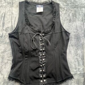 Versus Versace 26 / 40 Black Lace Up Corset Ruffle Trim Vintage 90s Y2K